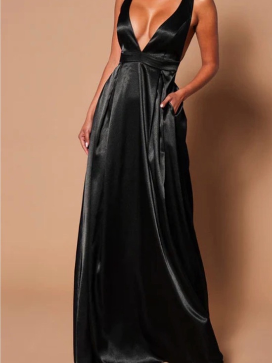 Dresses & Skirts - Elegant Black Satin Deep-V Evening Gown